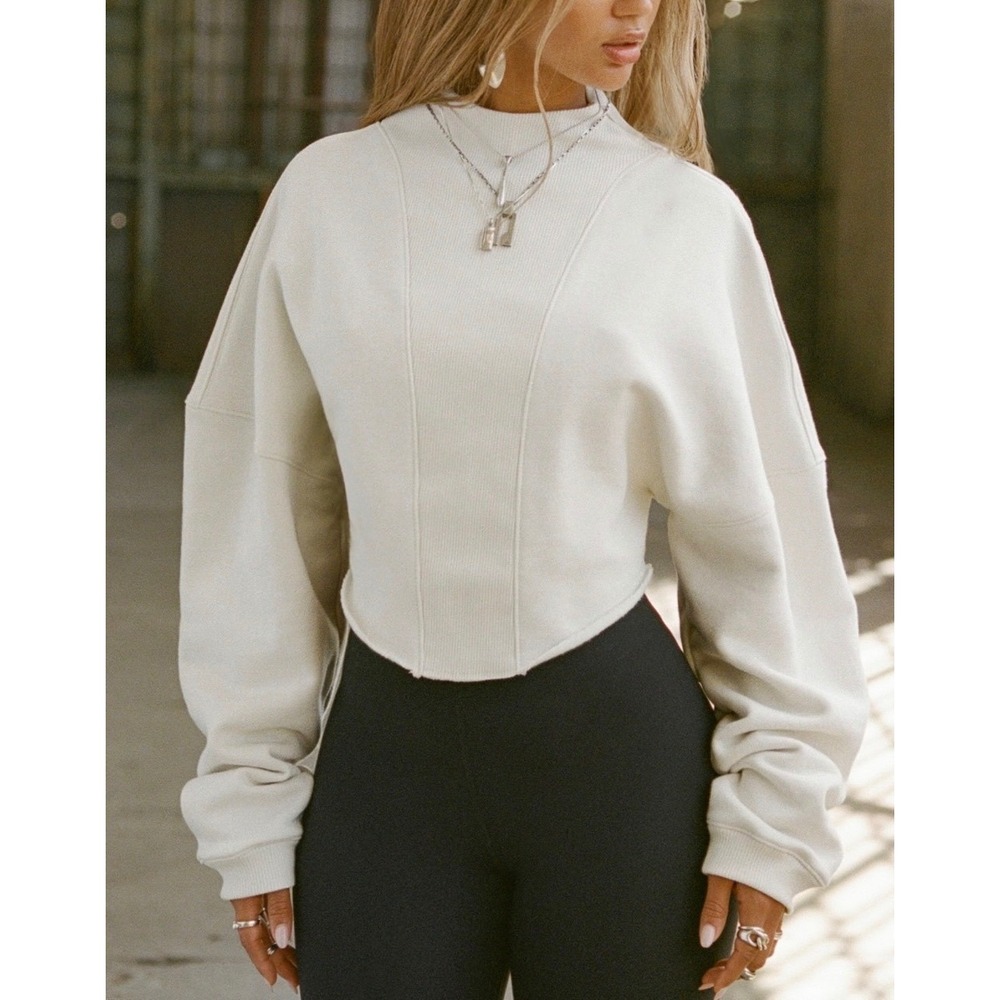 Joah Brown Cream Cropped Sweatshirt M/L Oversized Off Shoulder Zip Mock Neck USA